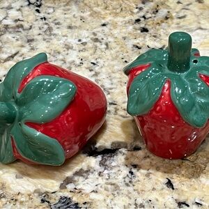 Vintage Red Strawberry Salt & Pepper Shakers Majolica Pottery Sweet Fruit